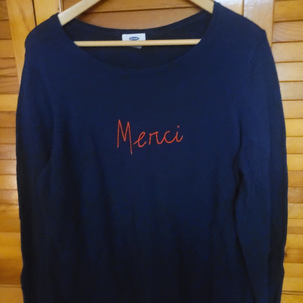 Old Navy Navy Blue Sweater with Red Merci Embroidery